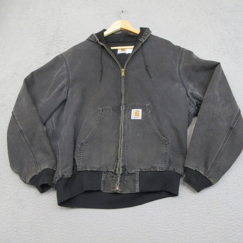 Vtg Carhartt Men XL Washed Black Charcoal Duck Canvas Hooded Active Jacket JR105